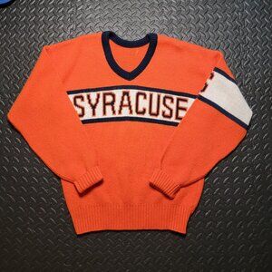 Syracuse University Vintage 1980's Orange V Neck Sweater, Wool Blend, Small